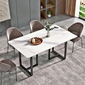63 in. White Sintered Stone Tabletop Kitchen Dining Table with Double Black Pedestal Base (6 Seats)