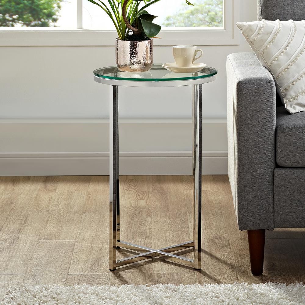 16 in. Glass Chrome Mid Century Modern X Base Side Table
