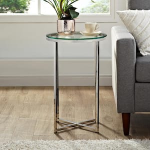 16 in. Glass/Chrome Mid Century Modern X-Base Side Table