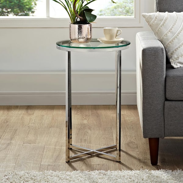 Walker Edison Furniture Company 16 in. Glass/Chrome Mid Century Modern X-Base Side Table