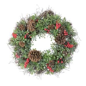 24 in. Unlit Glittered Artificial Boxwood Pine Cone and Red Berry Christmas Wreath