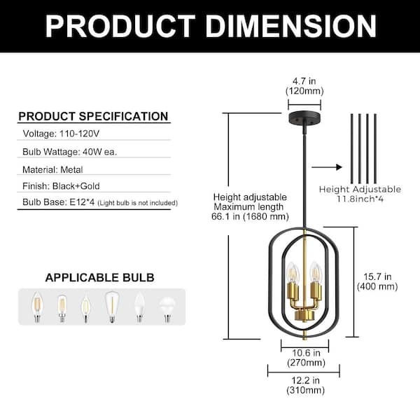 Emeritpro 4-Light Modern Black & Gold Branch Chandelier with Metal