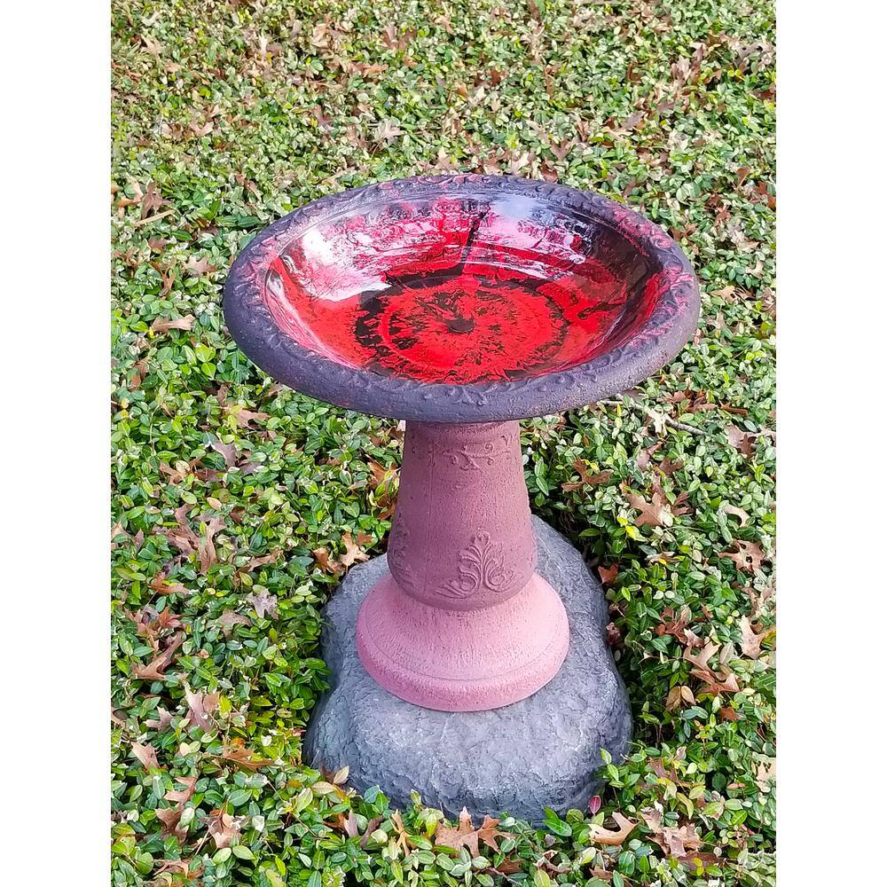 Marbleized Red Scroll Vine Clay Bird Bath with Stand