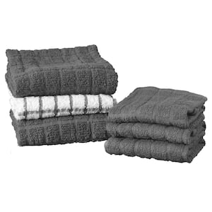 Terry Plaid Cotton Kitchen Towel and Dish Cloth Graphite Set of 3-Towels and 3-Dish Cloths
