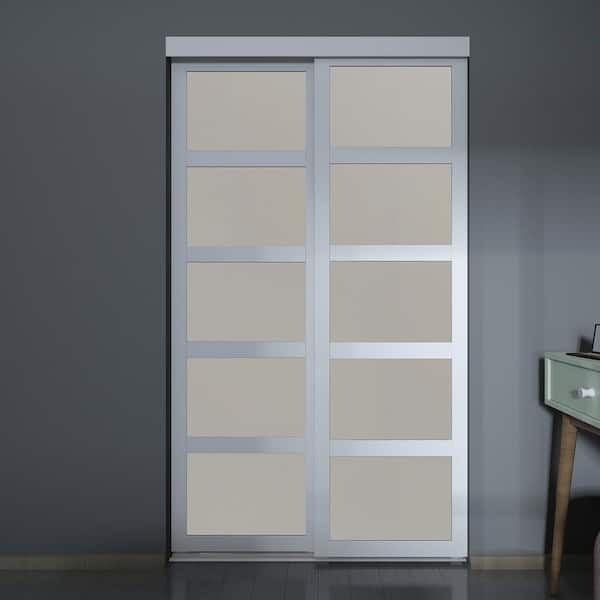 Colonial Elegance 72 in. x 80.5 in. 5-Lite Indoor Studio MDF Wood with Vinyl Frame and Frosted Glass Sliding Closet Door