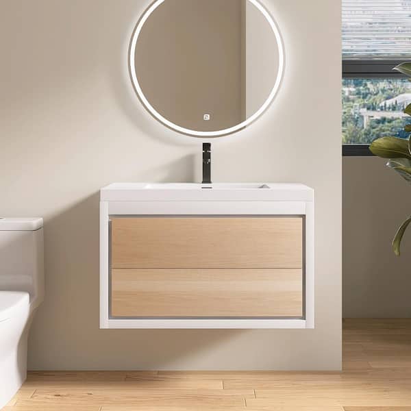 MEDUNJESS 36 in. W x 17 in. D x 20 in. H Wall Mounted Floating Bath PVC Vanity Cabinet in Wood Grain with White Basin and Sink