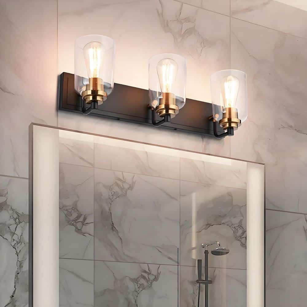 3-Light Matte Black Metal Vanity Light Farmhouse Industrial Wall Sconce with Clear Glass Shade Gold Socket Cups price history on PriceWatchPro