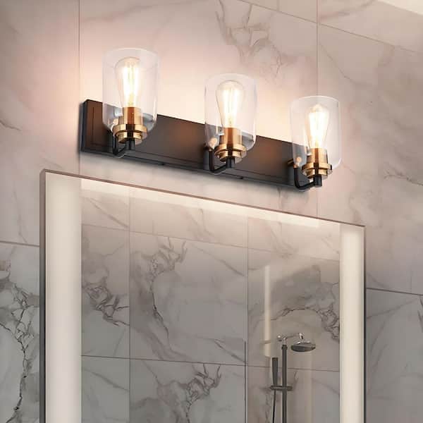 YANSUN 3-Light Matte Black Metal Vanity Light Farmhouse Industrial Wall Sconce with Clear Glass Shade Gold Socket Cups