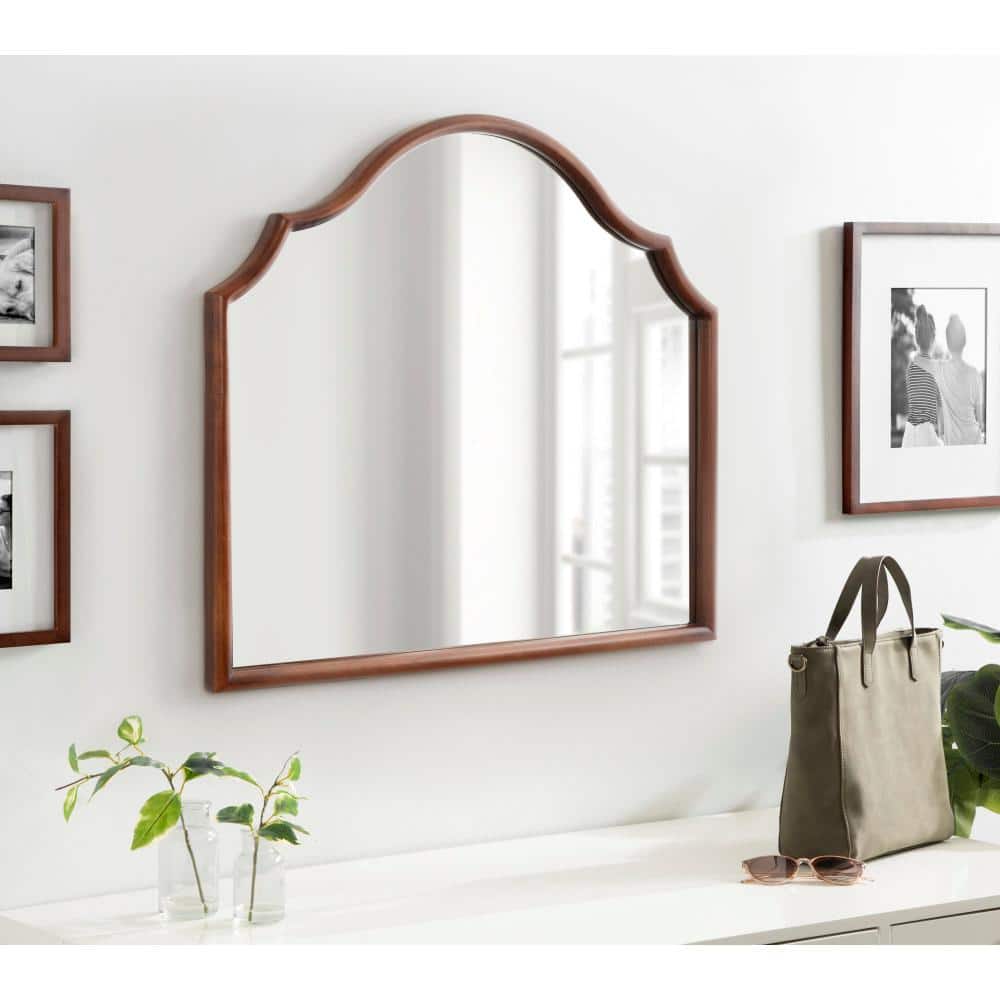 Leanna Walnut Brown Arched Wood Wall Mirror, 32" x 28"