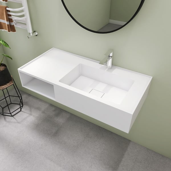 42 in. Wall Mount Rectangle Sink, Solid Surface Bathroom Sink in White