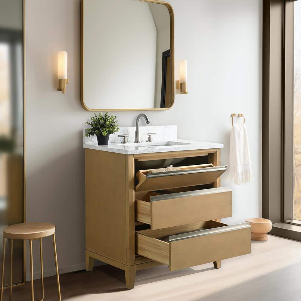 Natural Oak 30" Single Bathroom Vanity with Marble Top