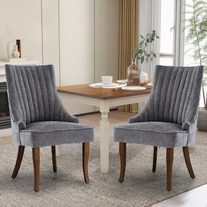 Comfy Gray Linen Channel Tufted Upholstered Dining Chairs Set of 2 with Solid Wood Legs