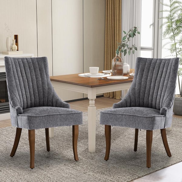 WONDER COMFORT Comfy Gray Linen Channel Tufted Upholstered Dining Chairs Set of 2 with Solid Wood Legs