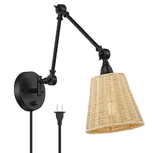 Adella 1-Light Black Rustic Natural Rattan Plug-In Swing Arm Wall Lamp with Dimmer Switch