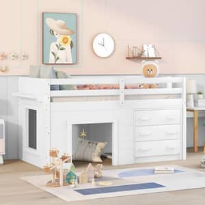 White Twin Loft Bed Frame with Storage Drawers, Solid Wood Low Loft Bed with Cabinet and Shelf for Kids Girls Boys