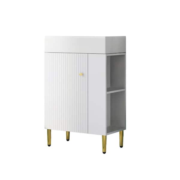 Unbranded 21.6 in. W x 12.2 in. D x 33.9 in. H Single Freestanding Bath Vanity in White with White Ceramic Top (Right Side Shelf)