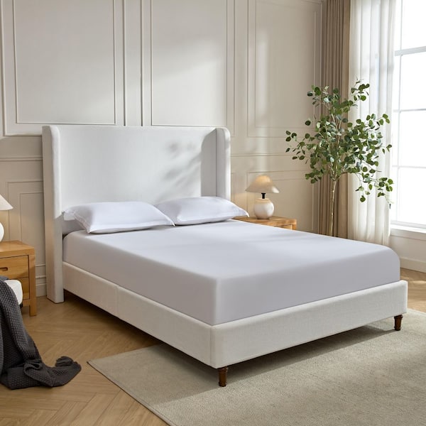 Harper Modern Cream White Chenille Upholstered Wood Frame California King Platform Bed with Wingback Tall Headboard