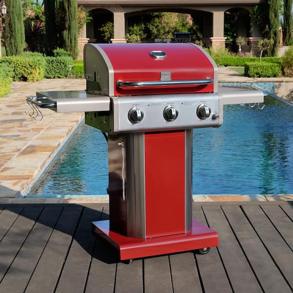 KENMORE 3 Burner Pedestal Propane gas Grill with Foldable Side Shelves in  Red PG-4030400LD-RD - The Home Depot