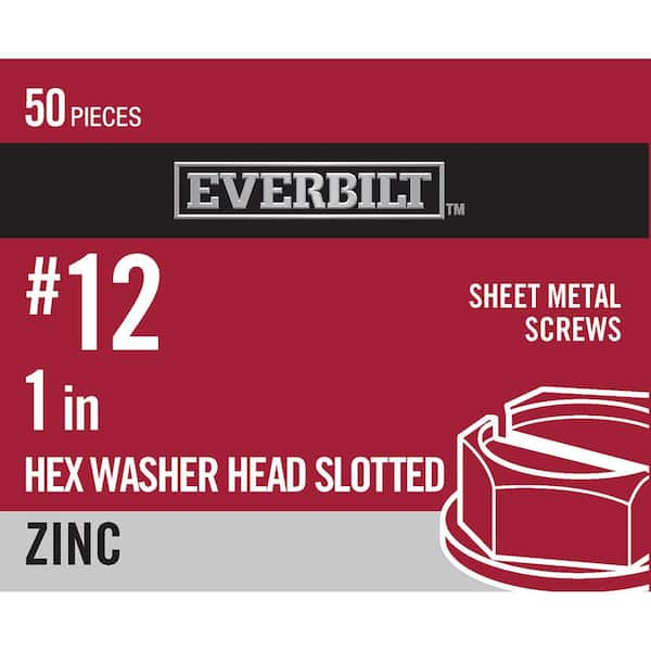 Everbilt #12 x 1 in. Slotted Hex Head Zinc Plated Sheet Metal Screw (50-Pack)