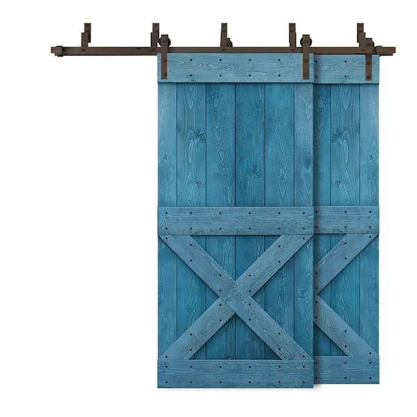 CALHOME 84 in. x 84 in. Mini X Bar Bypass Ocean Blue Stained Solid Pine Wood Interior Double Sliding Barn Door with Hardware Kit