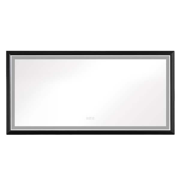 YASINU 72 in. W x 36 in. H Large Rectangular Framed Dimmable LED Light Anti-Fog Wall Bathroom Vanity Mirror in Black