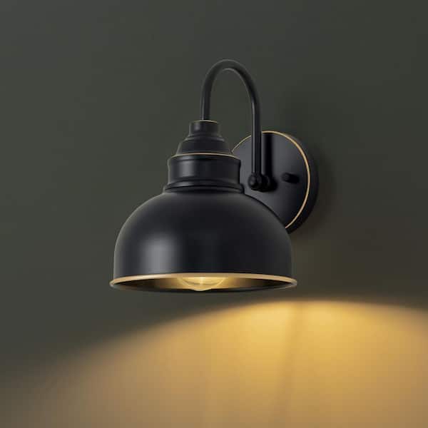 9.75 in. Black Outdoor Hardwired Wall Lantern Sconce with Gold Line Accent with No Bulbs Included