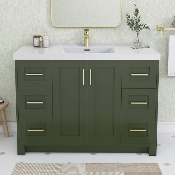 Gnie 48 in. Single Sink Green Bath Vanity with White Solid Surface Top Basin Freestanding Solid Wood Bathroom Cabinet