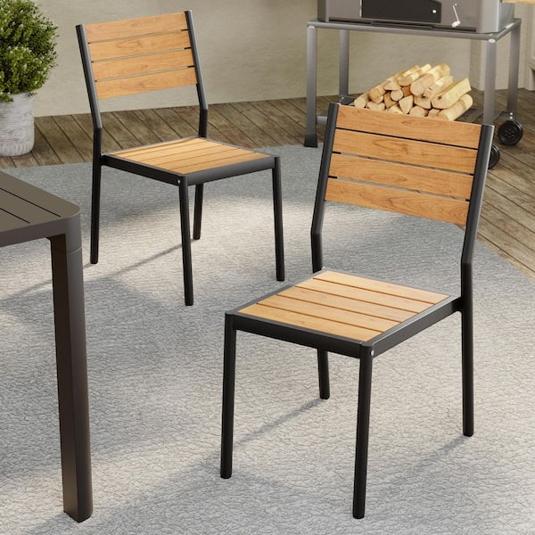 Stackable Brown Wooden Metal Outdoor Dining Chair (2-Pack)