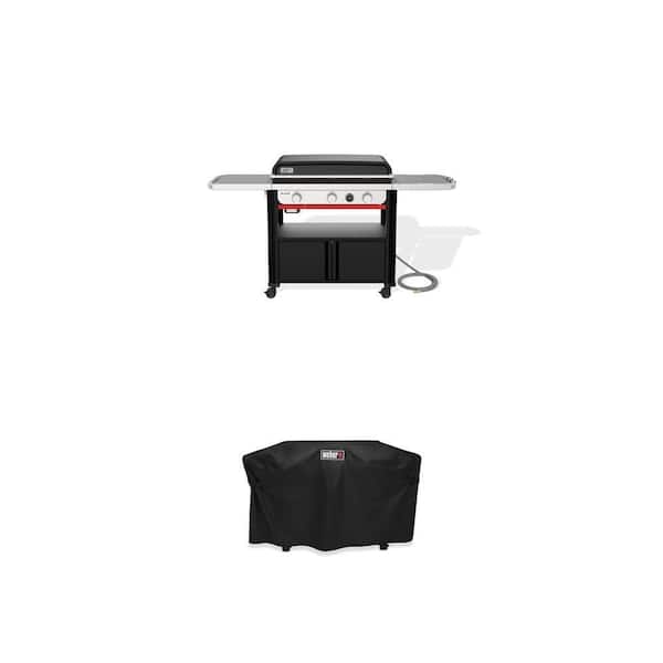 Slate Griddle 3-Burner Natural Gas 30 in. Flat Top Grill in Black with Thermometer with Grill Cover Combo
