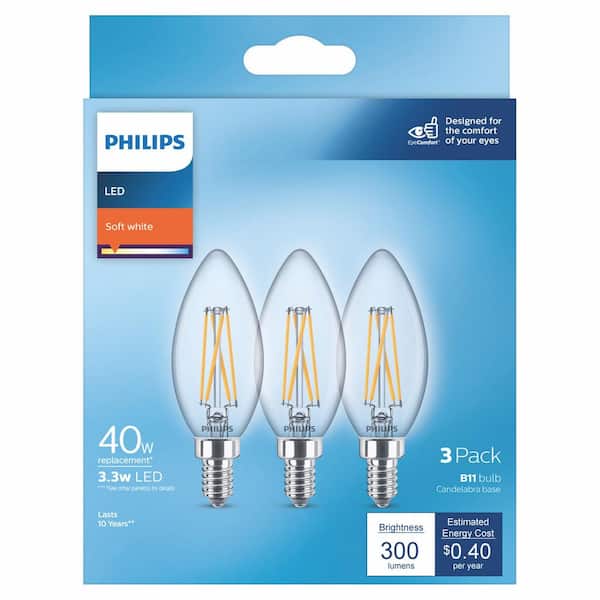 40-Watt Equivalent B11 Clear Glass Non-Dimmable E12 LED Light Bulb Soft White 2700K (3-Pack)