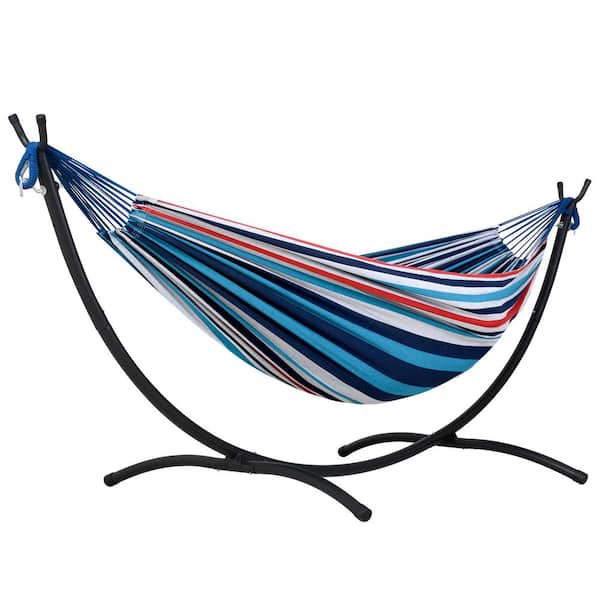9.35 ft. 2-Person Brazilian-Style Foldable and Portable Outdoor Hammock Bed with Stand Set, Blue, Gray, Red
