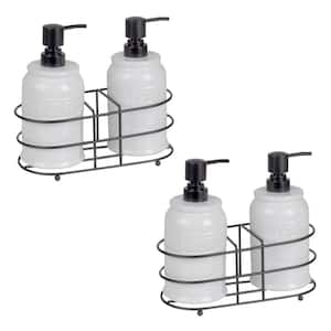 2 Set of Embossed Glazed Ceramic Soap Dispenser with Dual Compartment Metal Rack in White (2-Pack)