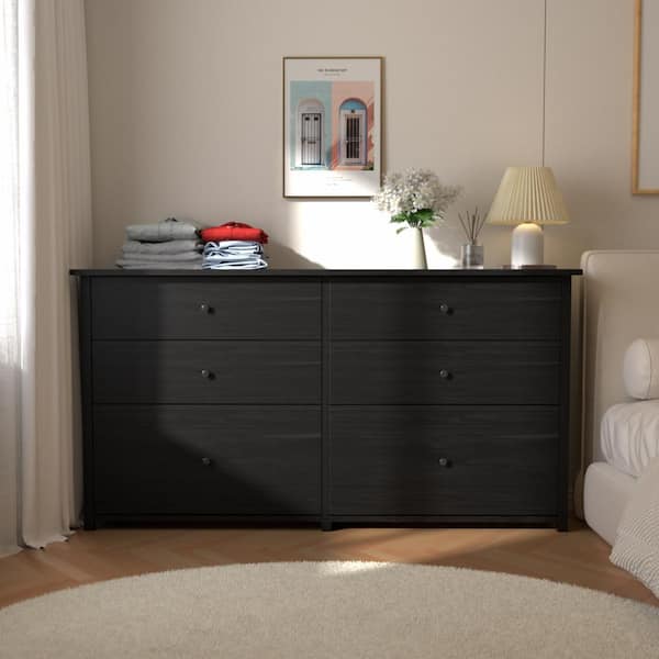 VEIKOUS Black 6-Drawer 56 in. W Dresser Chest of Drawers Long Storage Dresser with 2-Oversized Drawers (32.4 in. H x 15.8 in. L)