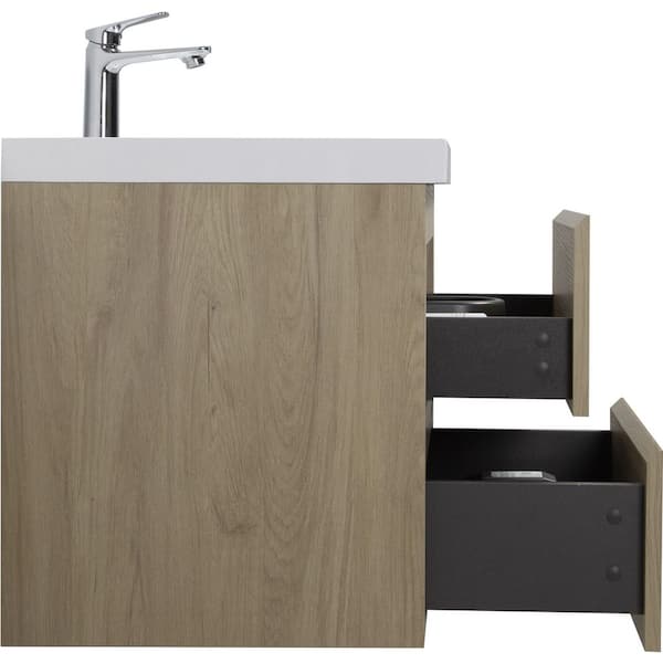 Espace 23.6 in. Modern Wall-Mounted Floating Natural Oak Bath Vanity with White Resin Top, Cabinet, Drawers