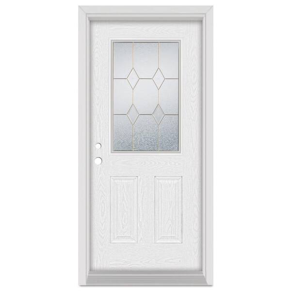 Stanley Doors 32 in. x 80 in. Geometric Right-Hand 1/2 Lite Brass Finished Fiberglass Oak Woodgrain Prehung Front Door