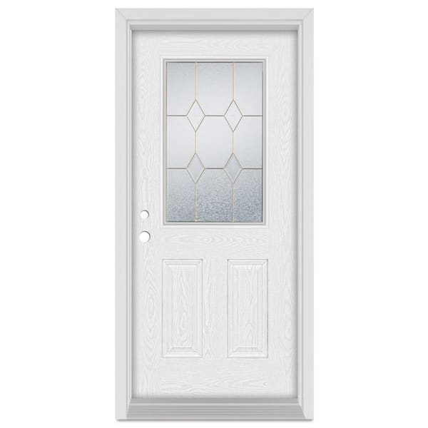 Stanley Doors 36 in. x 80 in. Geometric Right-Hand 1/2 Lite Brass Finished Fiberglass Oak Woodgrain Prehung Front Door