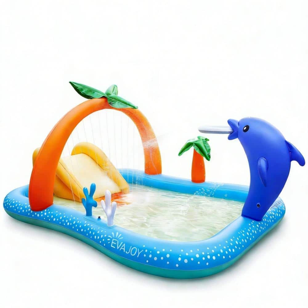 Inflatable Kids Water Park with Slide and Sprinkler, 95"L x 75"W x 40"H Durable PVC Pool for Backyard Outdoor Play