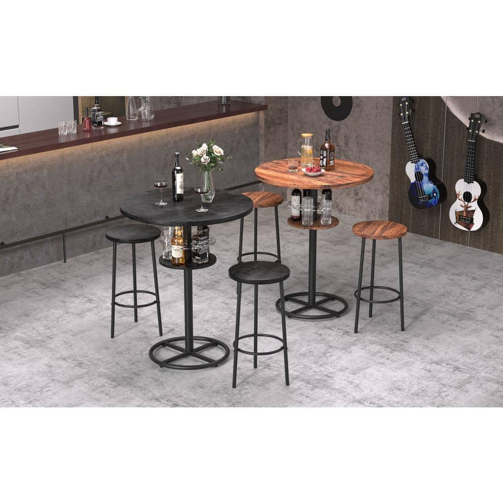 Black Round Counter Height Bar Table with Wood Top and Metal Pedestal