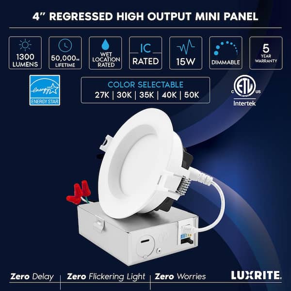6-Pack 4 in. Canless w/J-Box 15W 5CCT Selectable 1300LM Remodel IC Rated Integrated LED Recessed Light Kit Wet Rated