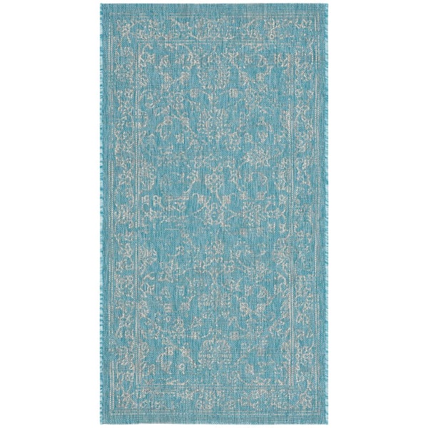 SAFAVIEH Courtyard Aqua/Gray Doormat 3 ft. x 5 ft. Border Floral Scroll Indoor/Outdoor Area Rug