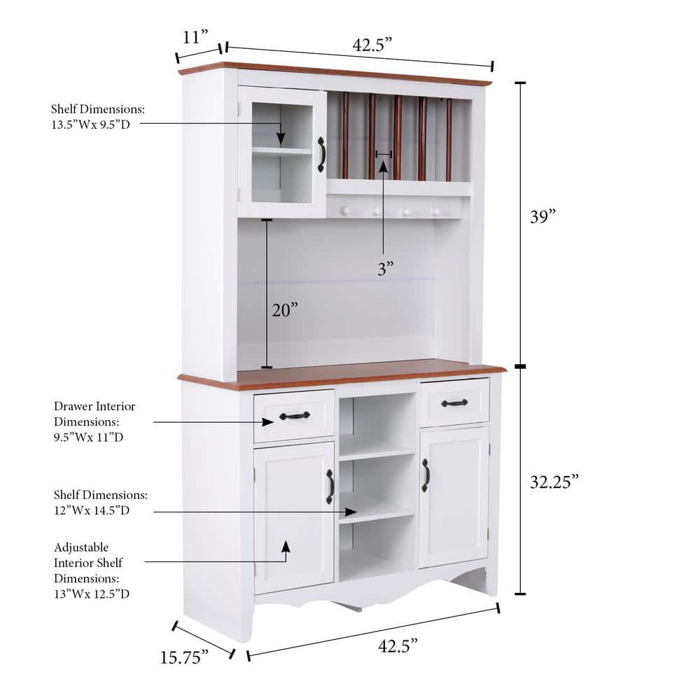 White and Pine Multi-Functional China Cabinet with Glass Doors