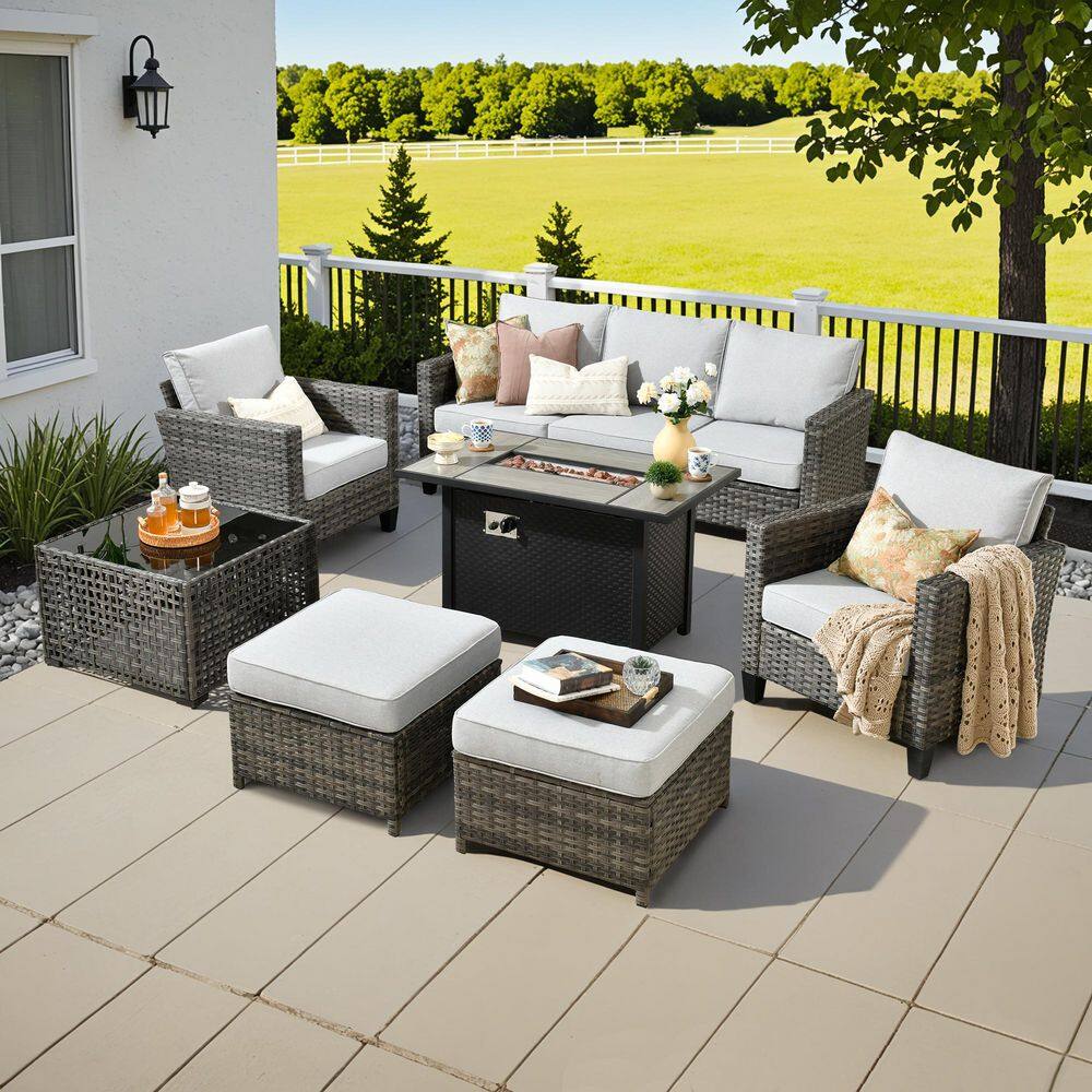 Daphne 7-Piece Wicker Outdoor Patio Conversation Sofa Seating Chair Set with Metal Fire Pit and Light Gray Cushions price history on PriceWatchPro