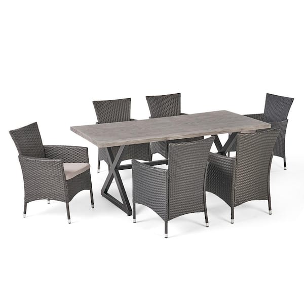 Noble House Dion Grey 7-Piece Metal Outdoor Dining Set with Silver Cushions