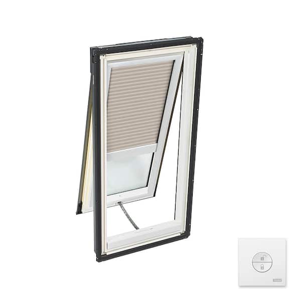 VELUX 30-1/16 x 45-3/4 in. Solar Power Venting Deck Mount Skylight, Laminated LowE3 Glass, Classic Sand Light Filtering Blind