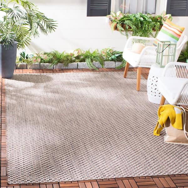 Courtyard Light Brown/Light Gray 7 ft. x 7 ft. Square Farmhouse Solid Indoor/Outdoor Patio Area Rug