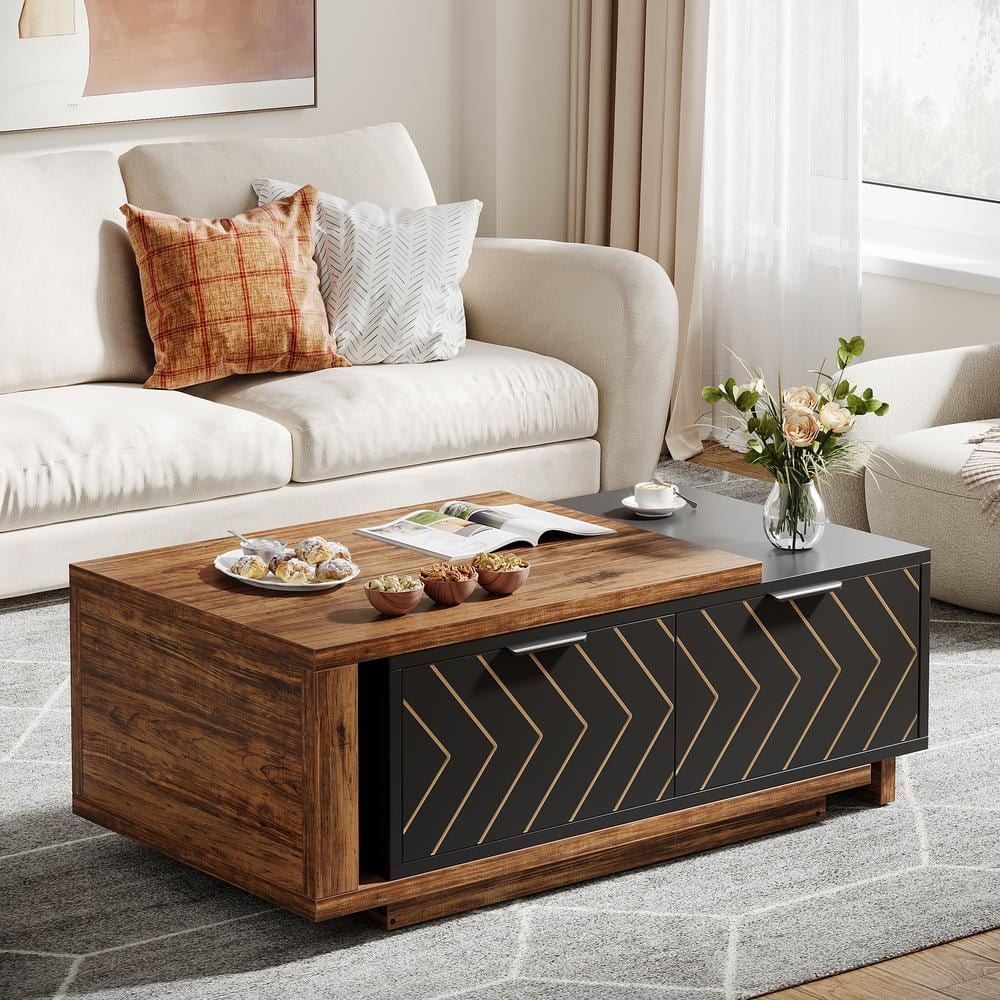 Kerlin 42.13 in. Walnut and Black Extendable Coffee Table Rectangle Wood Coffee Table w Sliding Tabletop Hidden Storage