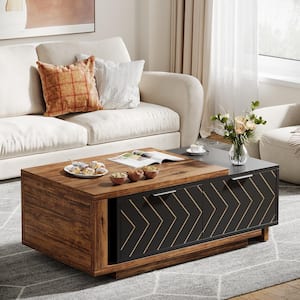 Kerlin 42.13 in. Walnut and Black Extendable Coffee Table Rectangle Wood Coffee Table w/ Sliding Tabletop Hidden Storage