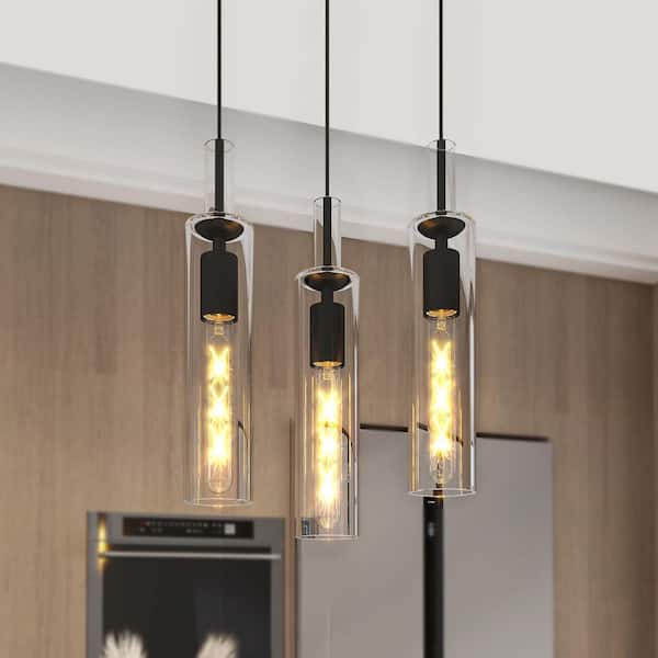 Modern Black Glass 1-Light Pendant Lights, Adjustable Ceiling Fixtures for Kitchen Island, No Bulbs, 3 Pack