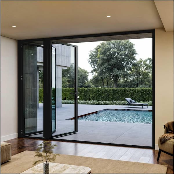 Teza 85 Series 96 in. x 80 in. Matte Black Left to Right Folding Aluminum Bi-Fold Patio Door