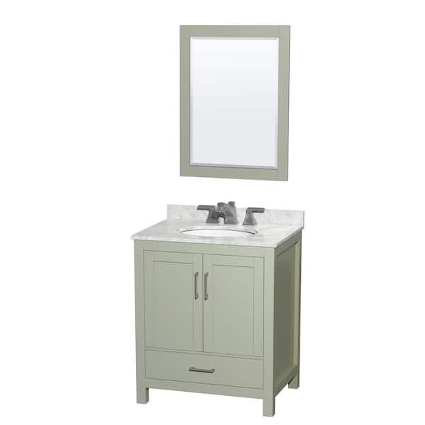 Wyndham Collection 30 in. W x 22 in. D x 35 in. H Single Bath Vanity in Light Green with White Carrara Marble Top and 24 in. Mirror